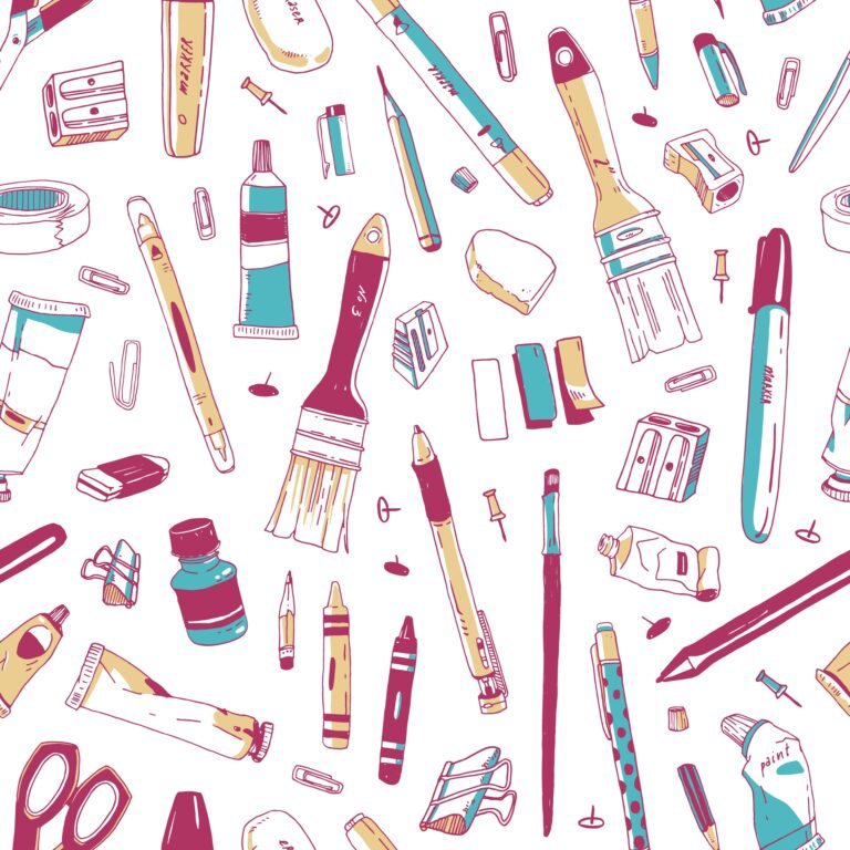 Seamless pattern with stationery, art and office tools, school supplies on white background. Backdrop with writing and drawing utensils. Realistic hand drawn vector illustration for fabric print